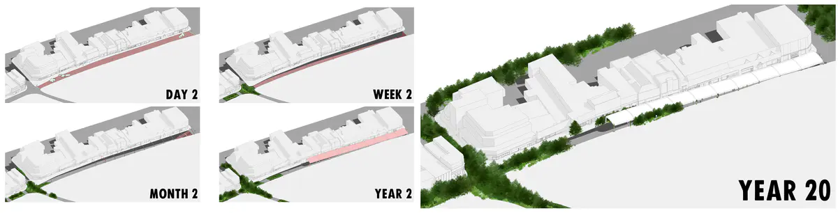 The whole High Street would be dug out to make way for this new kind of “street”. The idea, as stated, is to alter the way that people use this street, so that they can learn about the legacy of Dudley. This would mean that there would be a canopy that sits on top of the cut, that would also act as a means to shelter everything underneath, but would also be made in Dudley to promote local craftsmans. This canopy can then hold something like Theatre Curtains with the history of Dudley presented on them. As you walk through the cut, you go through all the different parts of Dudley’s Legacy - Saxon, Middle Ages, Industrial Revolution, Modern, and you would end the walk on the “Future”. You would start at one end, up by the top church, and as you walk through towards the market place, you would walk through the eras in chronological order. Then, once you exit the tunnel, you would leave the Modern era, and come out into the reclaimed green space, which would represent the future of Dudley’s Legacy. This would be a Miyawaki Forest that would be expanded out through the streets, taking over the spots where cars used to drive, to now benefit Dudley, it’s people, and the world as a whole.

Dudley’s High Street is about 240 metres long, about 9 metres wide, and rises about 8 metres. This would provided a very prominent feature for the High Street if it was dug out and recommissioned.

An added aspect to the dug out street would be that of the canopy that would reside above it. While thinking of the design, two ideas stood out - one that would stand raised, at about the same level as the end of the street, which would create this arcade styled archway that would reside high above the street. The second was having the canopy be flush with the pavement all the way up, except at the end that would then provide a small increase around the steps.

Both ideas serve the same purpose, but provide drastically different means of doing so. - Oscar Law Timeline.png